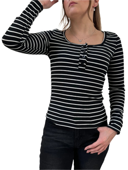 Elegant Striped Long Sleeve Henley Knit Top with Button Detail - Crew Neck, Polyester, Slim Fit, Regular Length, Medium Stretch - Women's Fashion Top