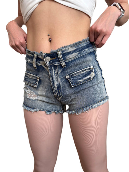 Low Rise Elegant Ripped Denim Jean Shorts with Designer Fake Front Pockets, Stretchy, Short and Comfy