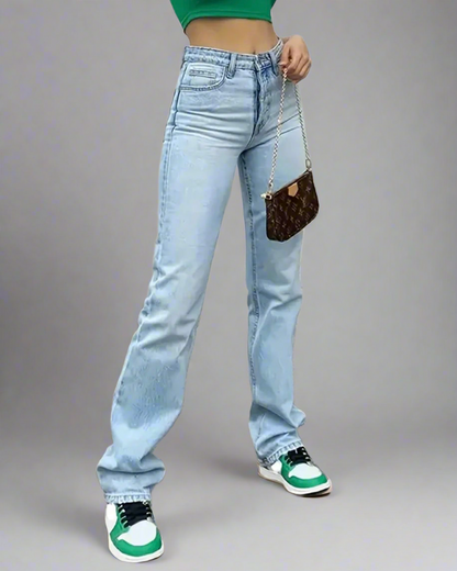 High Waist Light Washed Straight Jeans, Slash Pocket Casual Loose Fit Denim Pants, Women's Denim Jeans & Clothing