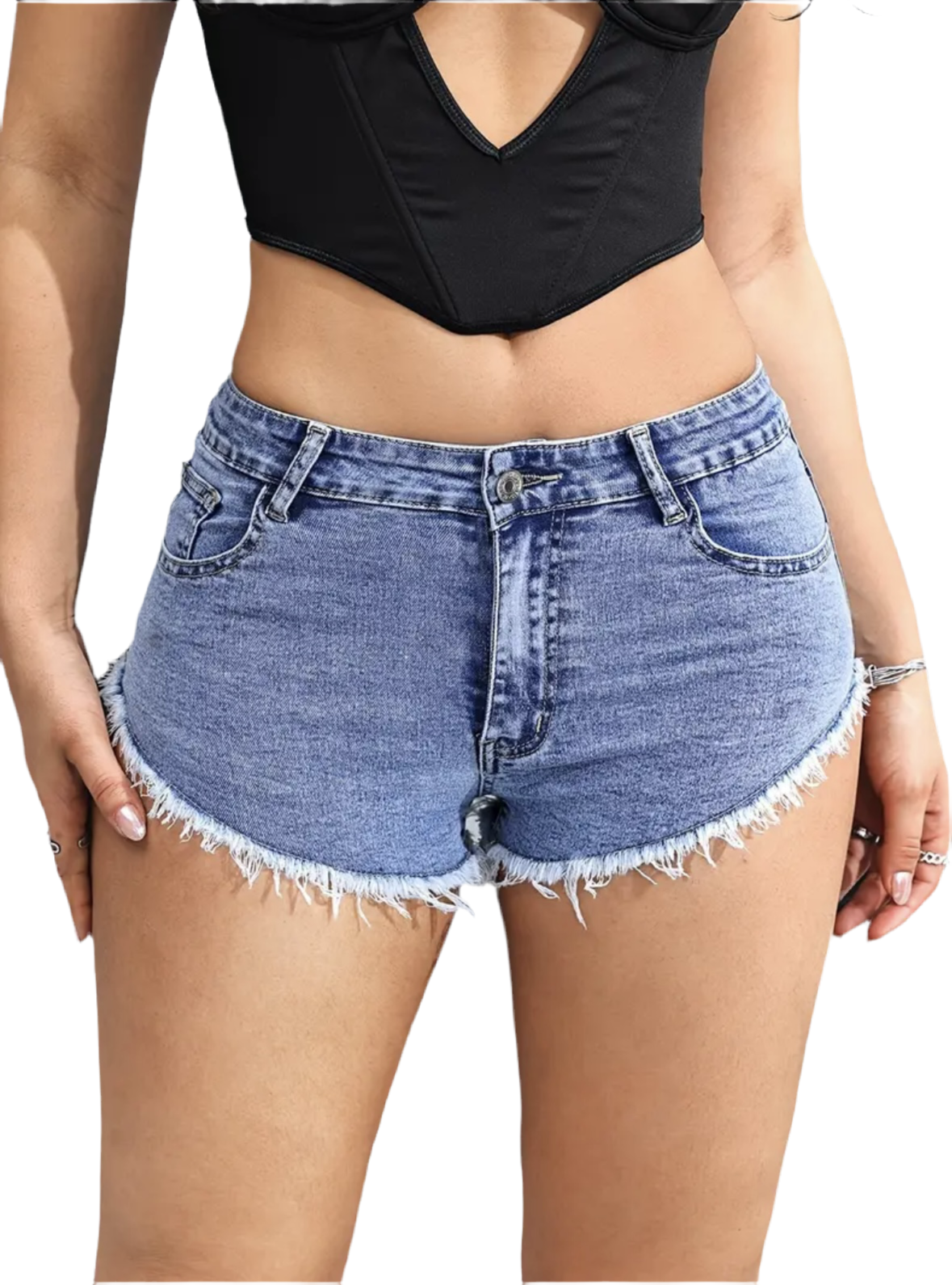 Low Rise Hot Plain Raw Hem Denim Shorts, Distressed Washed Blue Denim Shorts, Women's Denim Jeans & Clothing, Low Waist Denim Shorts