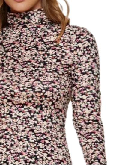 Floral Pink Long Sleeve Turtleneck Bodycon Mini Dress