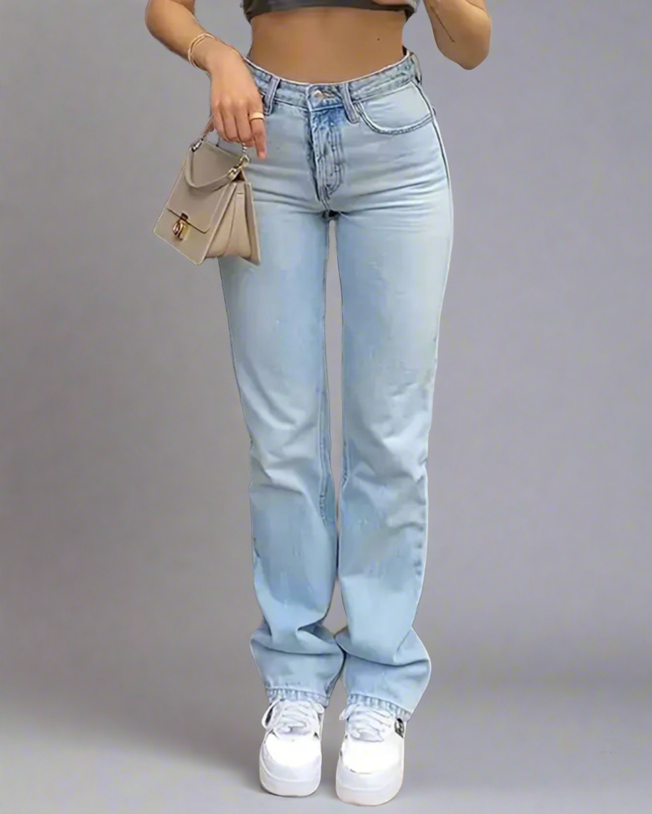 High Waist Light Washed Straight Jeans, Slash Pocket Casual Loose Fit Denim Pants, Women's Denim Jeans & Clothing