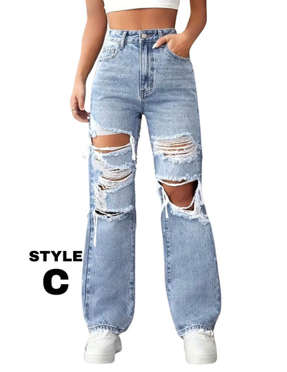 Ripped Holes Distressed, Baggy No Stretch Jeans with Holes, High Rise Washed Blue Streetwear Denim Pants, Women's and Girl’s Denim Jeans & Clothing