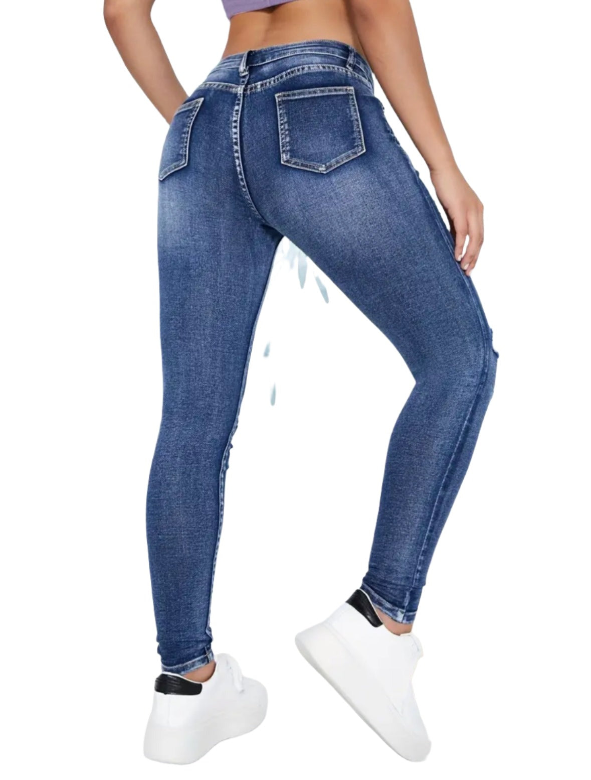 Mid Rise Blue Ripped Holes Skinny Jeans, Slim Fit Distressed Water Ripple Embossed Tight Jeans, Women's Denim Jeans & Clothing