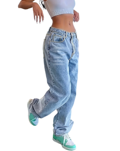 Loose Fit Baggy Denim Jeans, Mid Rise Washed Blue Y2K Streetwear Denim Pants, Women's and Girl’s Denim Jeans & Clothing