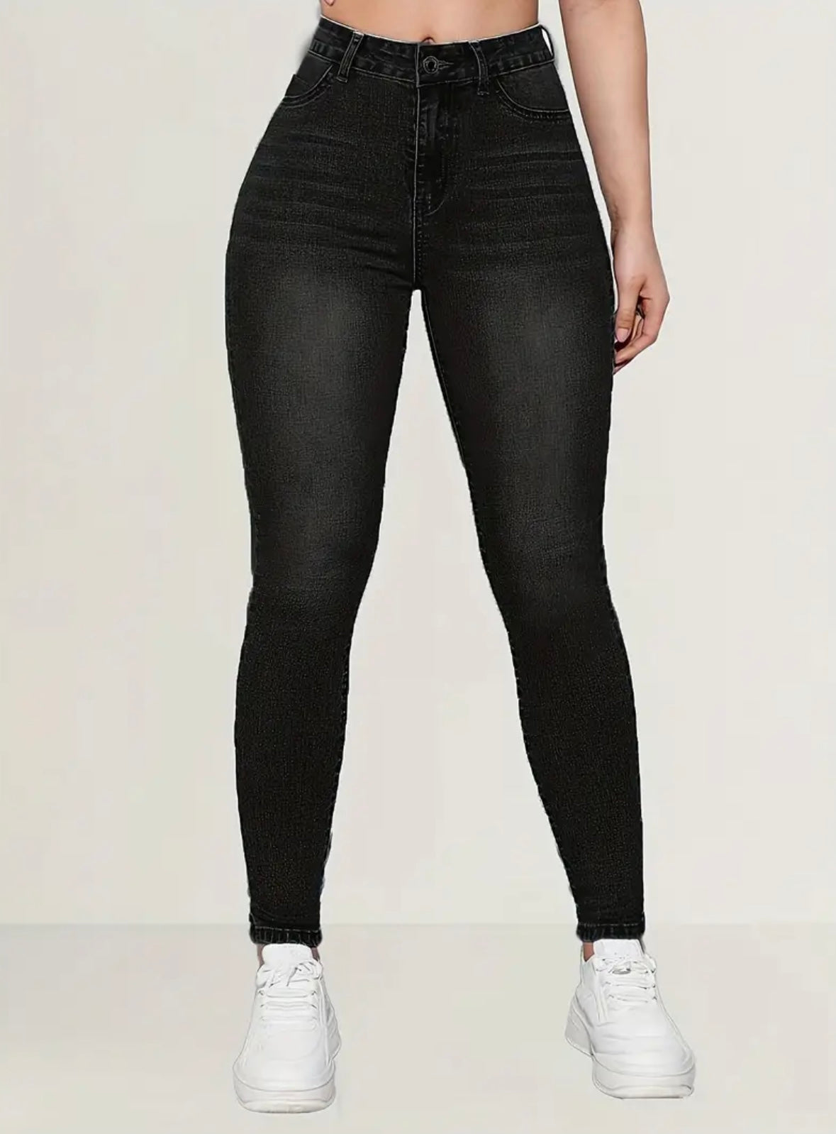 Elegant High-Waisted Black Denim Jeans for Women - Solid Black Color, Tight Fit, High Stretch Fabric, Woven, Button Detail, All-Season Wear