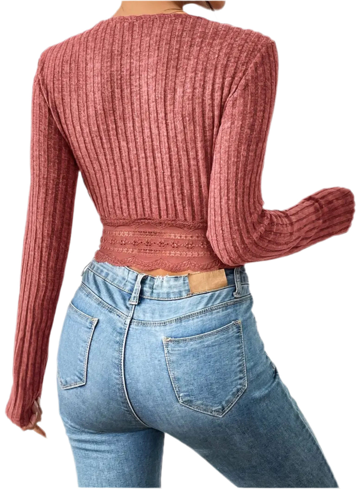 Lace Hem Ribbed Top, Casual Crew Neck Long Sleeve Cropped Top, Women's Clothing