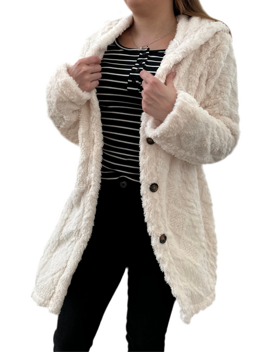 Solid Button Up Hooded Teddy Coat, Elegant Long Sleeve Split Side Faux Fur Outwear Jacket,Women's Clothing, Teddy  Autumn jackets Womenswear Comfort, Cozy Plush Fuzzy Sherpa Faux Shearling Coat