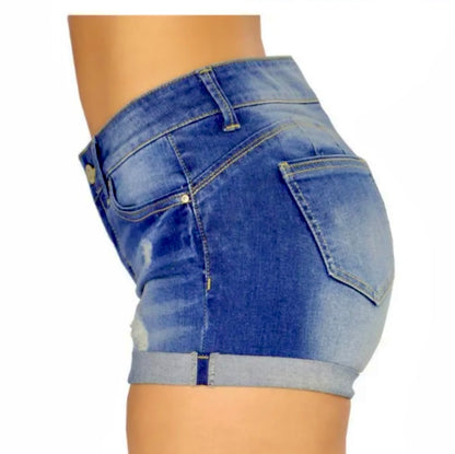 Mid Rise Waist Distressed Stretchy Denim Blue Jean Shorts with Rolled Hem