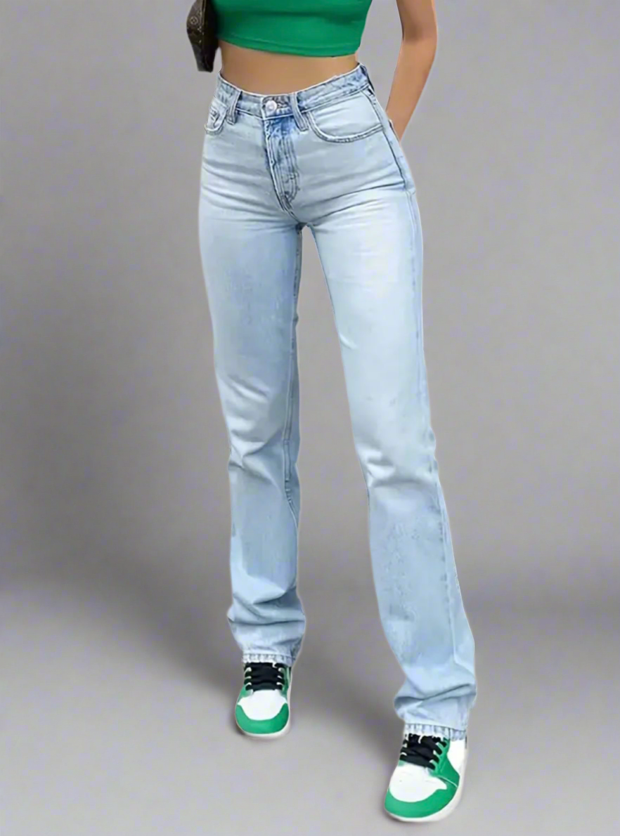 High Waist Light Washed Straight Jeans, Slash Pocket Casual Loose Fit Denim Pants, Women's Denim Jeans & Clothing