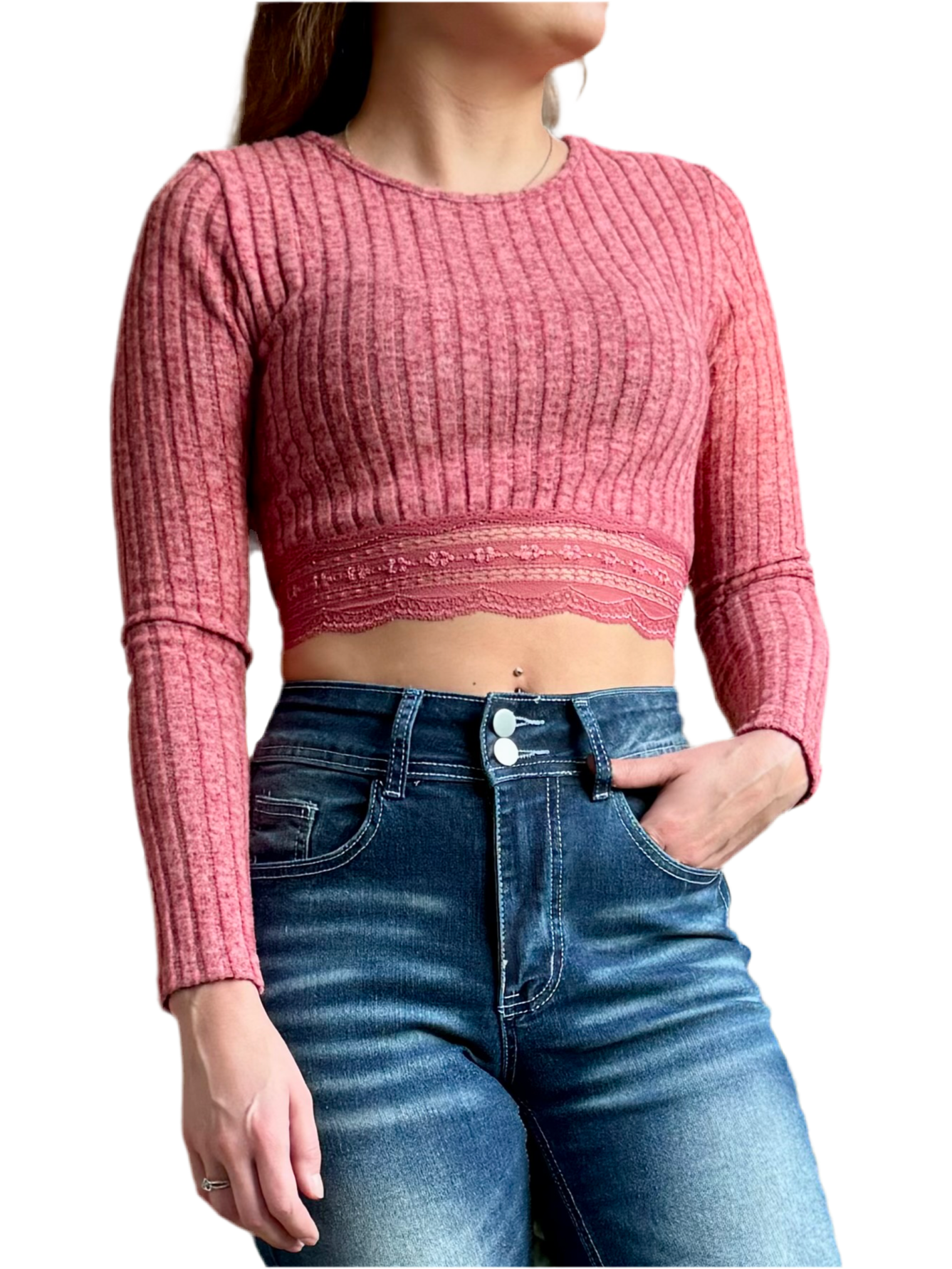 Lace Hem Ribbed Top, Casual Crew Neck Long Sleeve Cropped Top, Women's Clothing