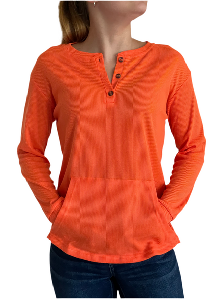 Ribbed 3 Button Long Sleeve Top in Orange