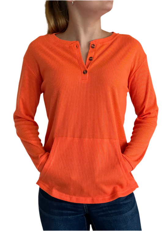Ribbed 3 Button Long Sleeve Top in Orange
