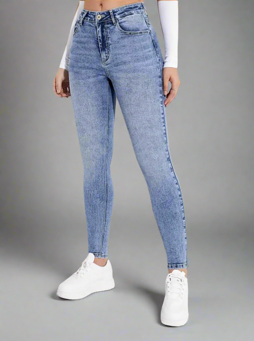 Slim Fit Mid Rise Washed Skinny Jeans, High Stretch Slant Pockets Casual Tight Jeans, Women's Denim Jeans & Clothing