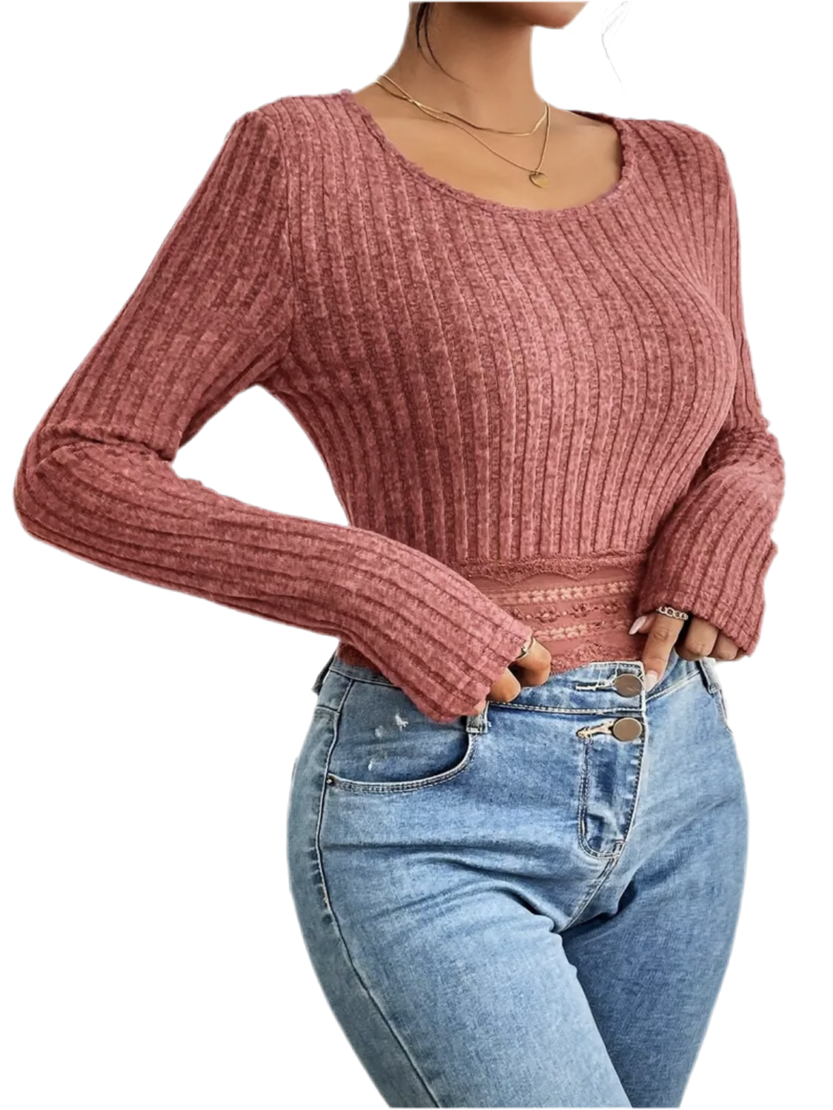 Lace Hem Ribbed Top, Casual Crew Neck Long Sleeve Cropped Top, Women's Clothing