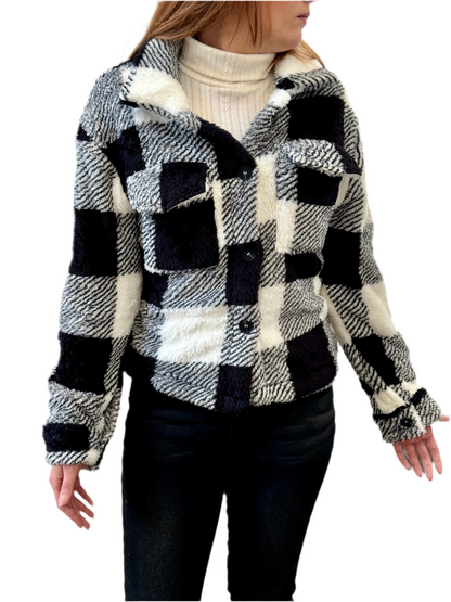 Plaid Button Front Teddy Coat, Casual, Soft, Comfortable Long Sleeve Coat For Fall & Winter,Women's Clothing