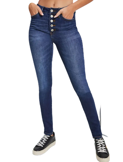 Single-Breasted 5 Button High Rise Whiskering Denim Pants, Medium Stretch Slash Pocket Skinny Jeans, Women's Denim Jeans & Clothing