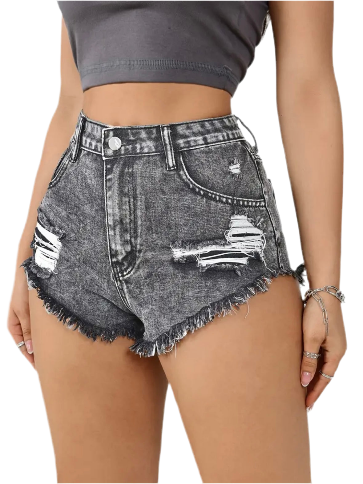 Ripped Denim Jean Shorts with Frayed Hem and Slanted Pockets in Gray