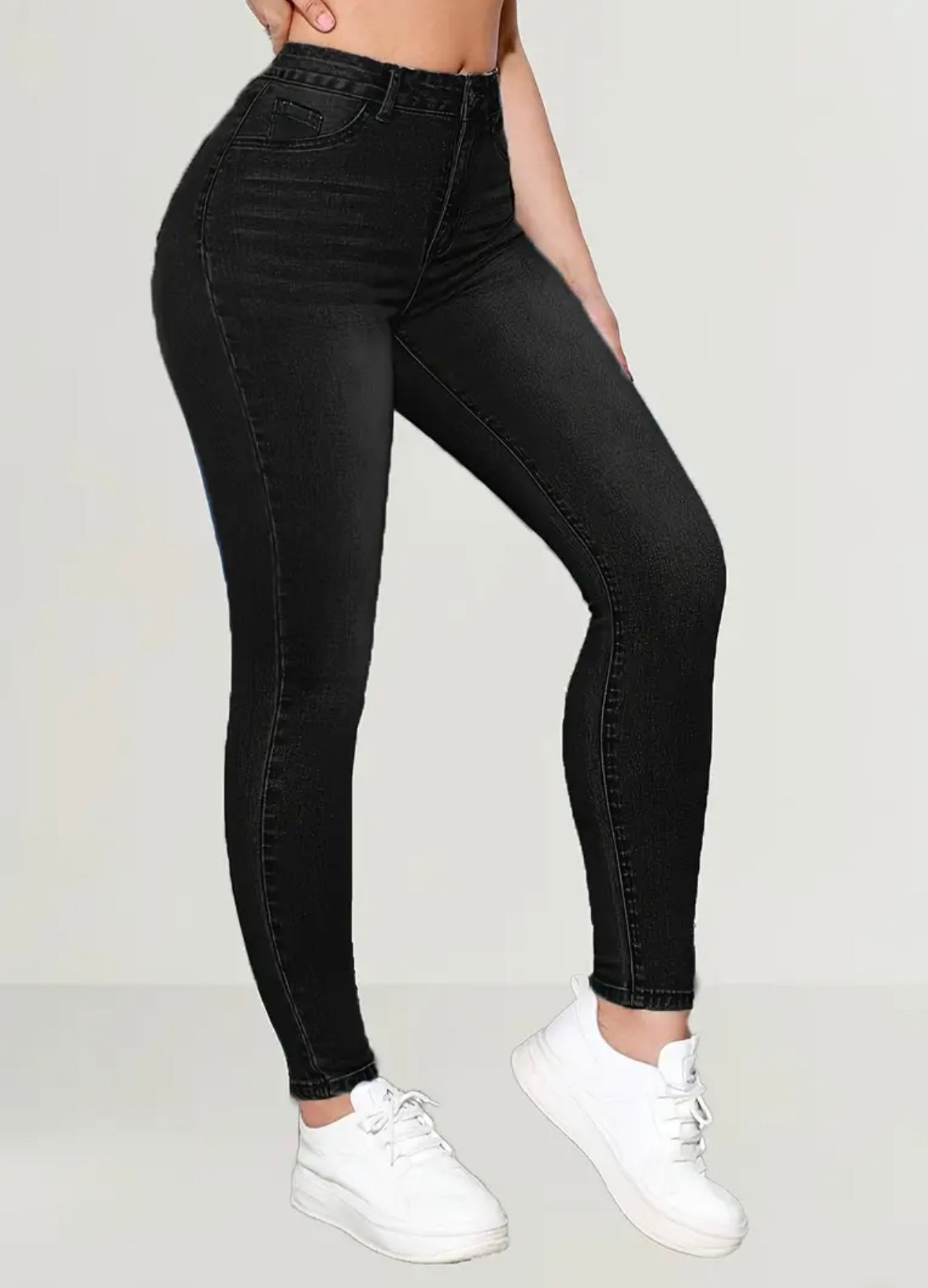 Elegant High-Waisted Black Denim Jeans for Women - Solid Black Color, Tight Fit, High Stretch Fabric, Woven, Button Detail, All-Season Wear