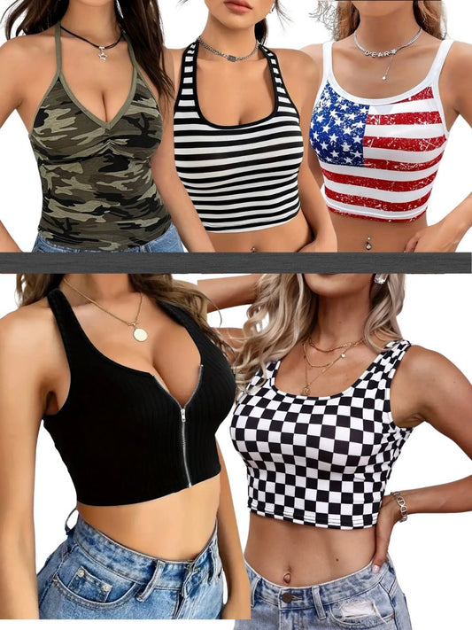 Halter Neck, Cami & Zip Front Crop and Tank Tops, USA Flag Crop, Solid Black Crop, Striped Crop, Checkered or Camouflage Crop Tops
