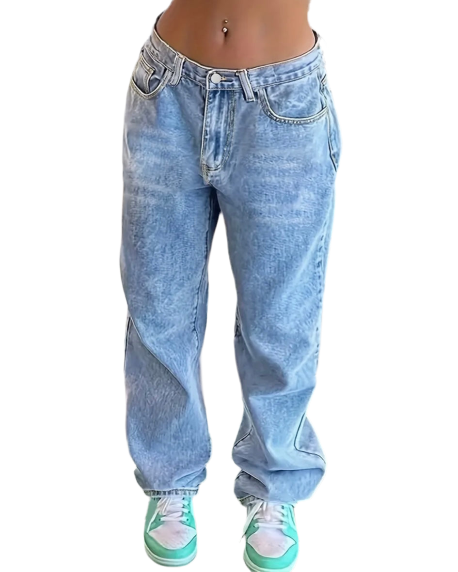 Loose Fit Baggy Denim Jeans, Mid Rise Washed Blue Y2K Streetwear Denim Pants, Women's and Girl’s Denim Jeans & Clothing