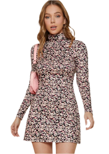 Floral Pink Long Sleeve Turtleneck Bodycon Mini Dress