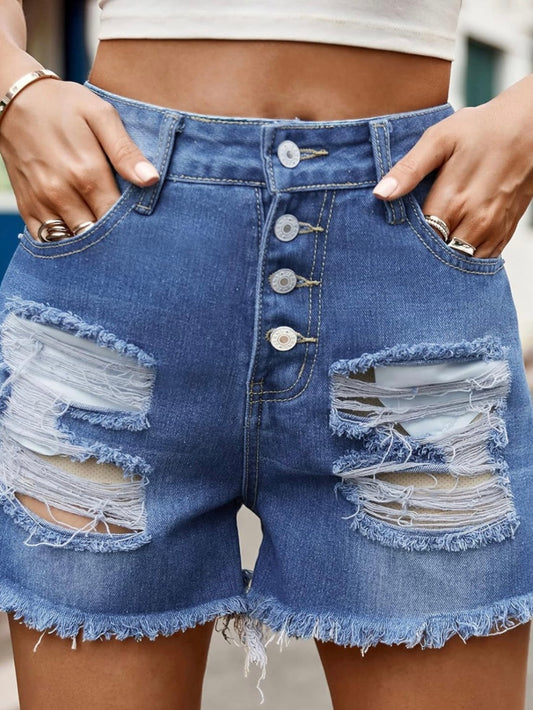 Mid Rise Frayed Raw Hem Ripped Blue Denim Shorts with 4-Button Fly