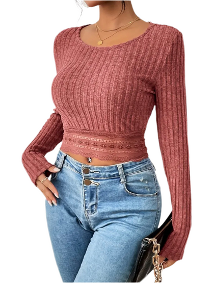 Lace Hem Ribbed Top, Casual Crew Neck Long Sleeve Cropped Top, Women's Clothing