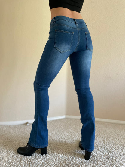 Low Rise Skinny Bootcut Jeans in Dark Blue Denim