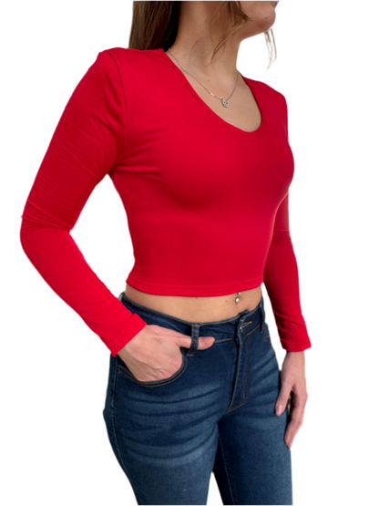 Solid V-Neck Slim Fleece Lined Top, Elegant Long Sleeve Top For Fall & Winter, Women's Clothing