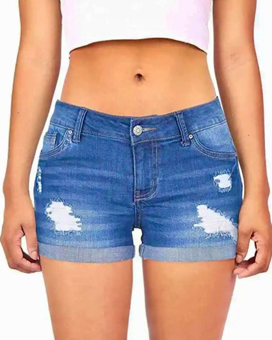 Mid Rise Waist Distressed Stretchy Denim Blue Jean Shorts with Rolled Hem