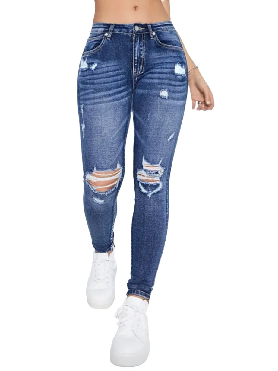 Mid Rise Blue Ripped Holes Skinny Jeans, Slim Fit Distressed Water Ripple Embossed Tight Jeans, Women's Denim Jeans & Clothing