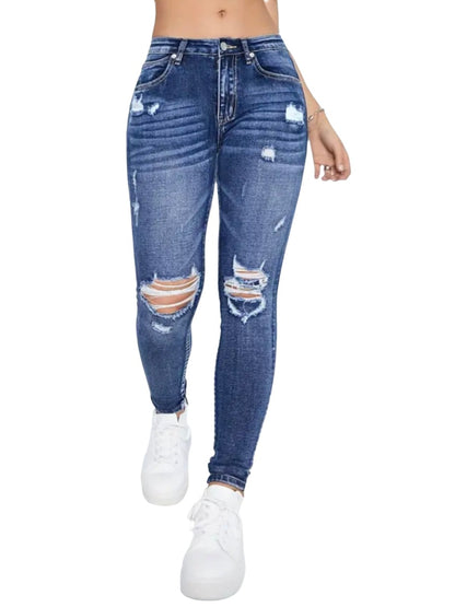 Mid Rise Blue Ripped Holes Skinny Jeans, Slim Fit Distressed Water Ripple Embossed Tight Jeans, Women's Denim Jeans & Clothing