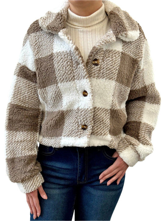 Plaid Button Front Teddy Coat, Casual, Soft, Comfortable Long Sleeve Coat For Fall & Winter,Women's Clothing