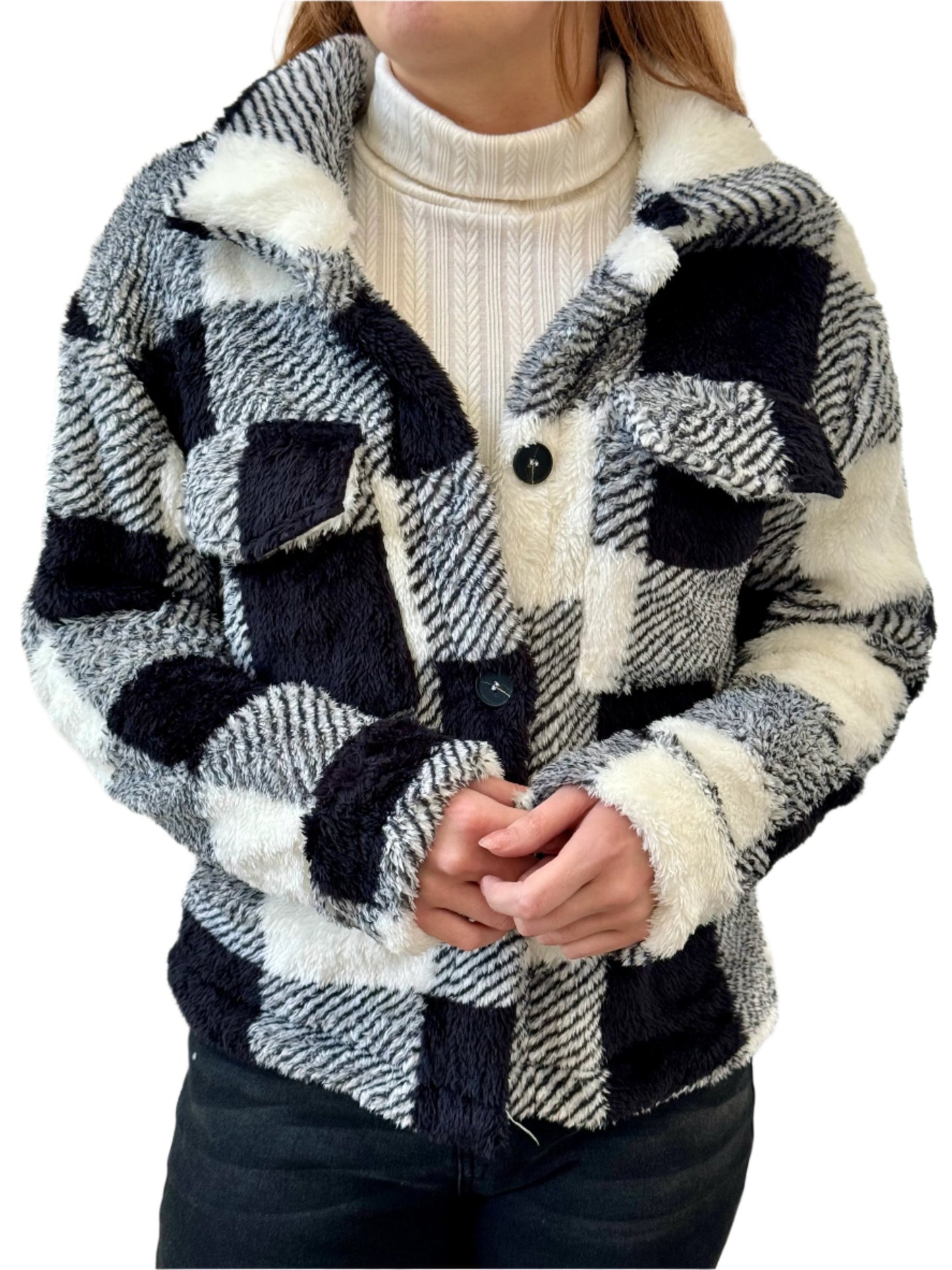 Plaid Button Front Teddy Coat, Casual, Soft, Comfortable Long Sleeve Coat For Fall & Winter,Women's Clothing