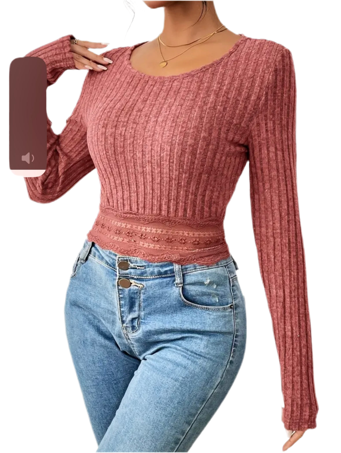 Lace Hem Ribbed Top, Casual Crew Neck Long Sleeve Cropped Top, Women's Clothing