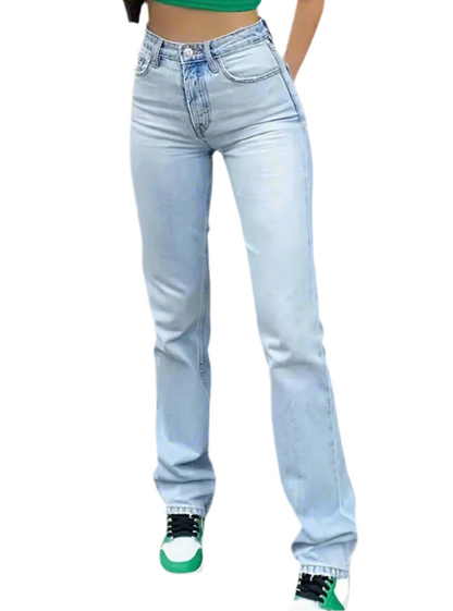 High Waist Light Washed Straight Jeans, Slash Pocket Casual Loose Fit Denim Pants, Women's Denim Jeans & Clothing