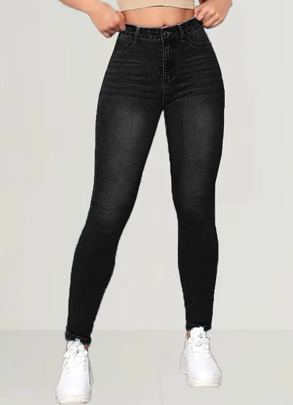 Elegant High-Waisted Black Denim Jeans for Women - Solid Black Color, Tight Fit, High Stretch Fabric, Woven, Button Detail, All-Season Wear