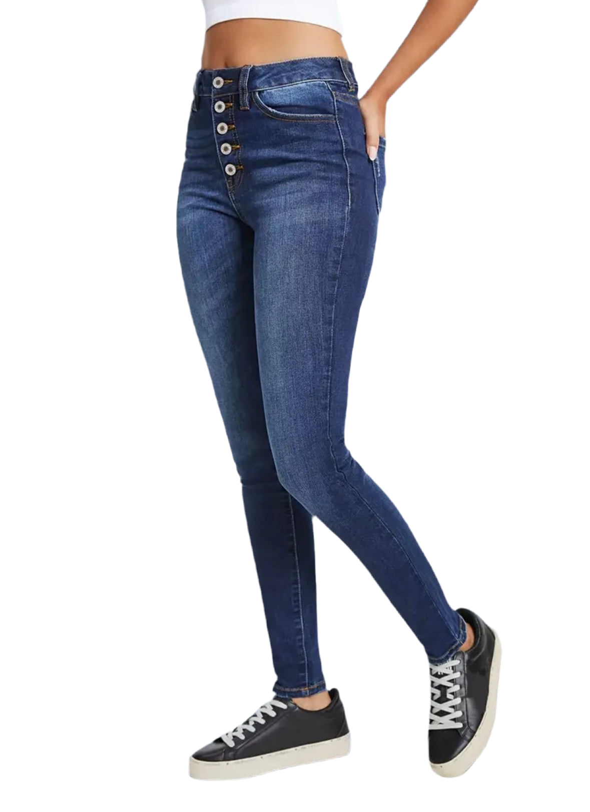 Single-Breasted 5 Button High Rise Whiskering Denim Pants, Medium Stretch Slash Pocket Skinny Jeans, Women's Denim Jeans & Clothing