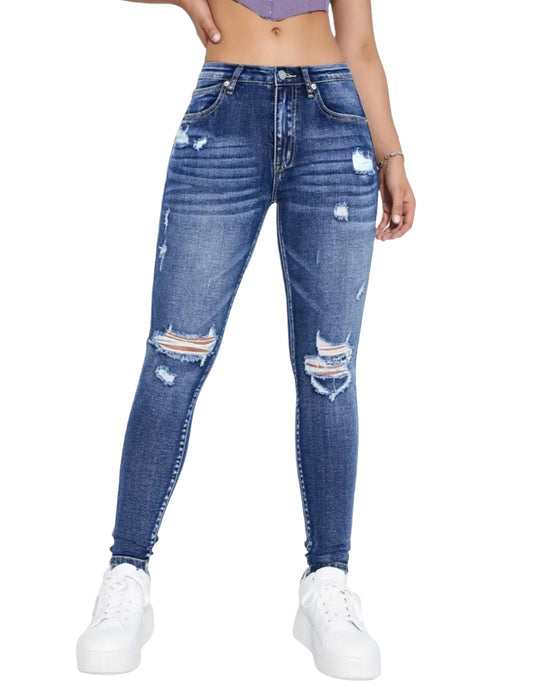 Mid Rise Blue Ripped Holes Skinny Jeans, Slim Fit Distressed Water Ripple Embossed Tight Jeans, Women's Denim Jeans & Clothing