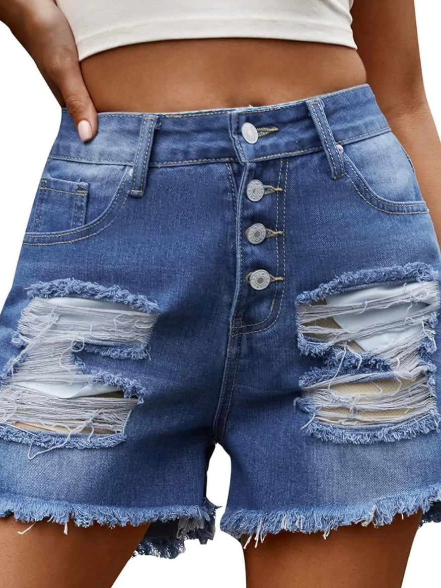 Mid Rise Frayed Raw Hem Ripped Blue Denim Shorts with 4-Button Fly