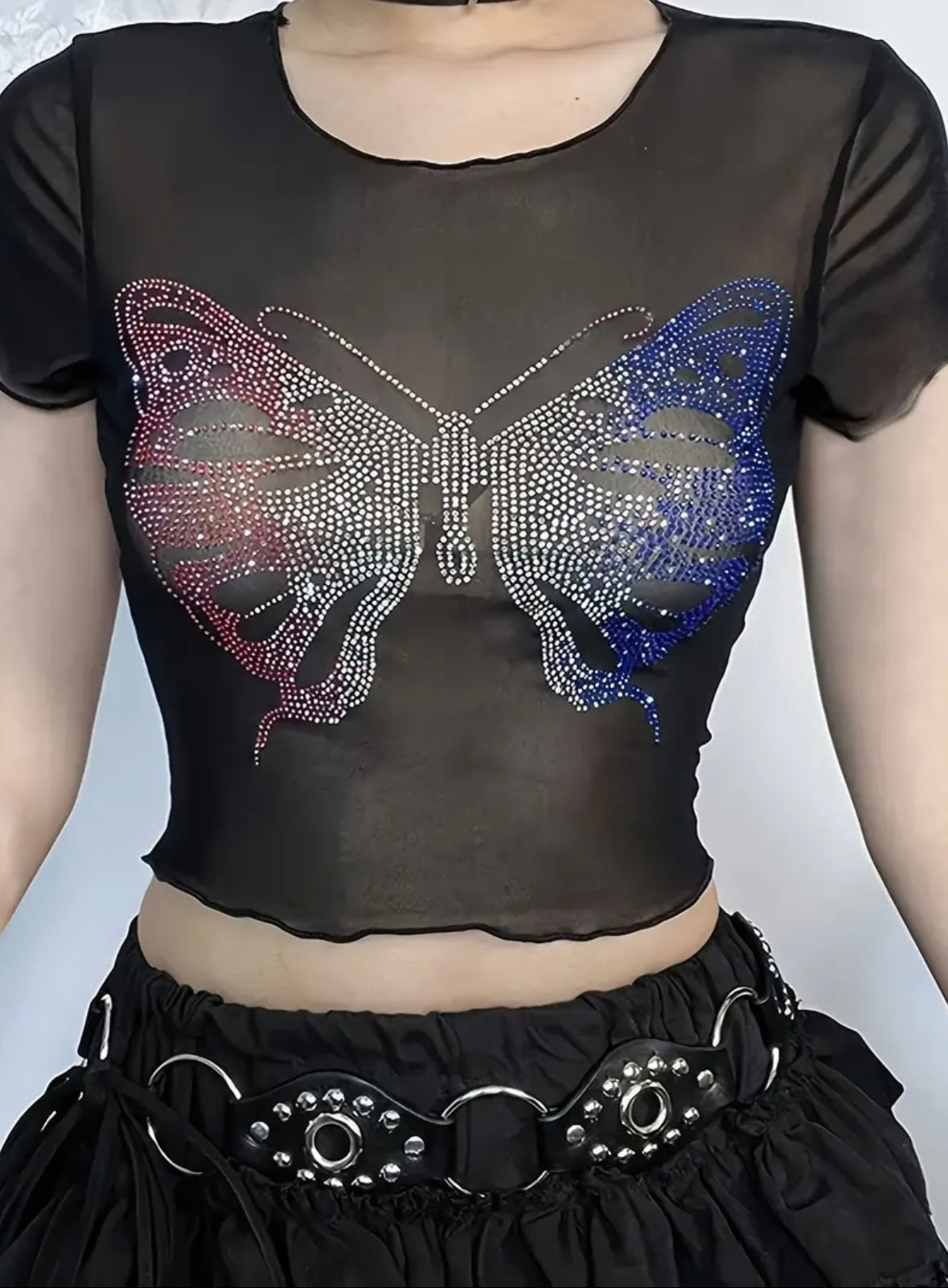 Sparkling Rhinestone Sheer Butterfly Crop Top - Breathable Mesh, Slim Fit & Feminine - Perfect for Spring & Summer Fashion - Womens Casual T-Shirt, Girly Tops,