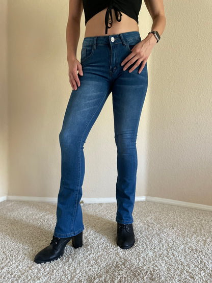 Low Rise Skinny Bootcut Jeans in Dark Blue Denim