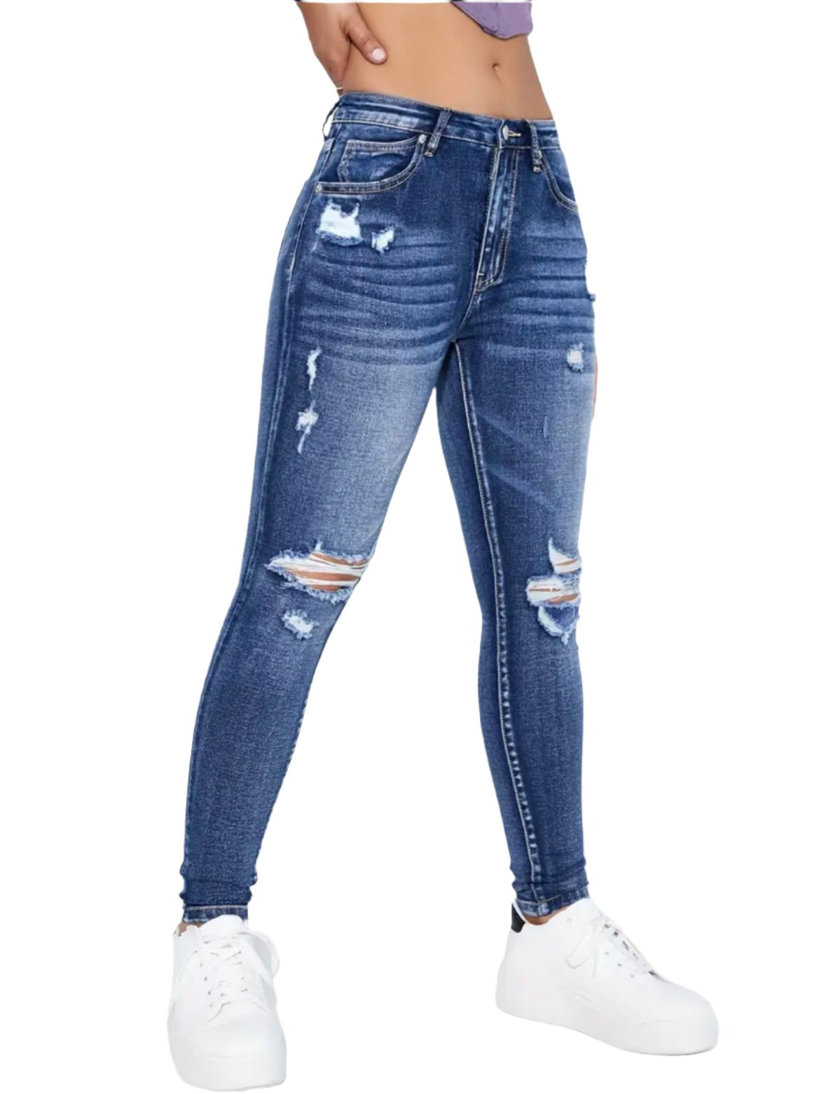 Mid Rise Blue Ripped Holes Skinny Jeans, Slim Fit Distressed Water Ripple Embossed Tight Jeans, Women's Denim Jeans & Clothing