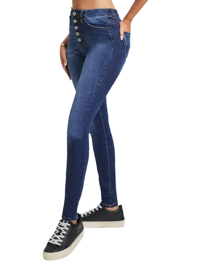 Single-Breasted 5 Button High Rise Whiskering Denim Pants, Medium Stretch Slash Pocket Skinny Jeans, Women's Denim Jeans & Clothing