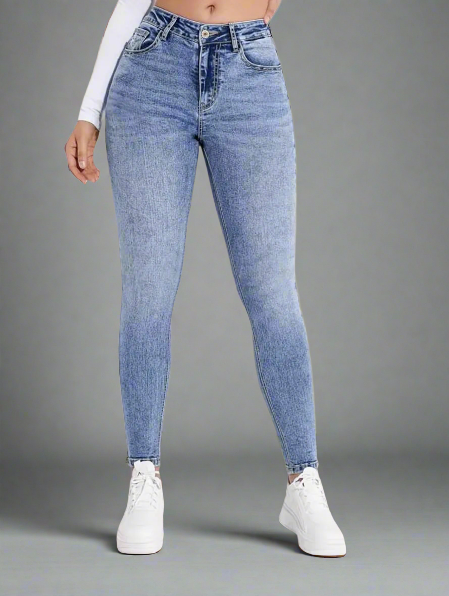 Slim Fit Mid Rise Washed Skinny Jeans, High Stretch Slant Pockets Casual Tight Jeans, Women's Denim Jeans & Clothing