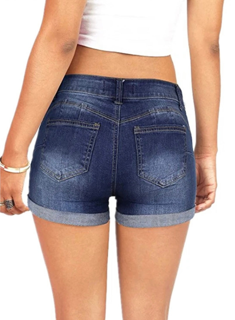 Mid Rise Waist Distressed Stretchy Denim Blue Jean Shorts with Rolled Hem