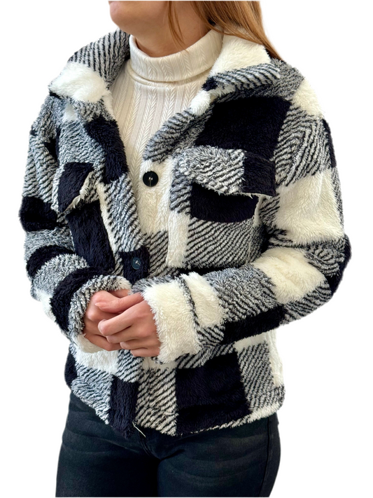 Plaid Button Front Teddy Coat, Casual, Soft, Comfortable Long Sleeve Coat For Winter & Spring, Women's Clothing
