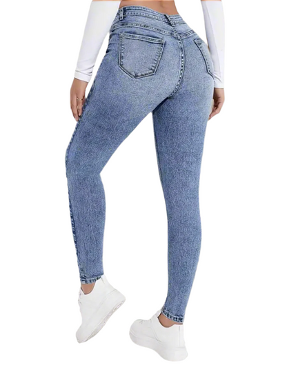 Slim Fit Mid Rise Washed Skinny Jeans, High Stretch Slant Pockets Casual Tight Jeans, Women's Denim Jeans & Clothing