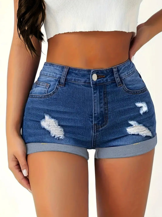 High Rise Waist Distressed Stretchy Denim Blue Jean Shorts with Rolled Hem